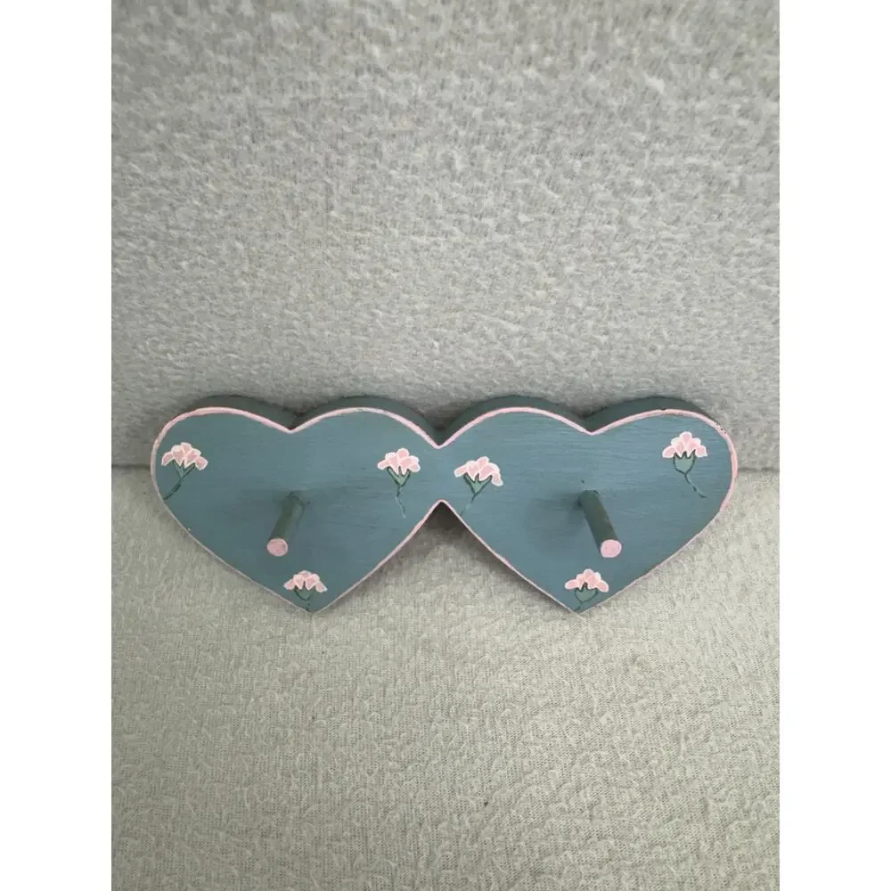 Handcrafted Wooden Heart Jewelry Key Holder Wall Hanger Blue Pink Decor Nursery